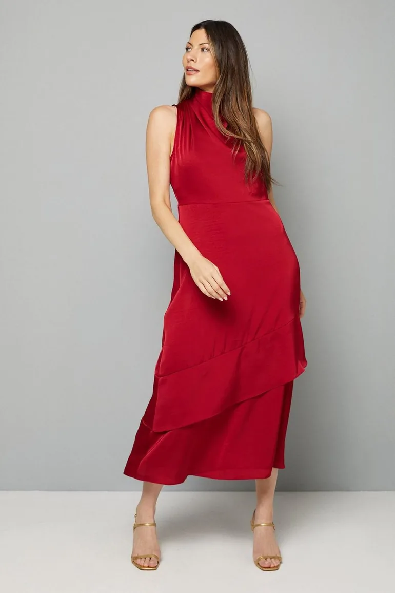 Satin Asymmetric Pleat Detail Midi Dress Wallis Red : Evening Dresses : VogaCloset Qatar Satin Asymmetric Pleat Detail Midi Dress Wallis Red : Evening Dresses : VogaCloset Qatar