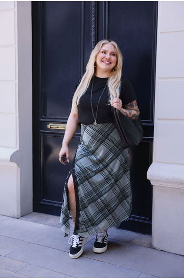 Khaki Plaid Patterned Tulle Lace Detailed Flexible Knitted Plus Size Skirt