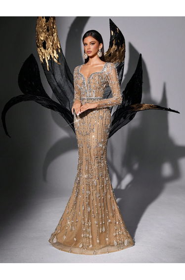 QOQ Beige Beaded Mermaid Dress with Long Sleeve