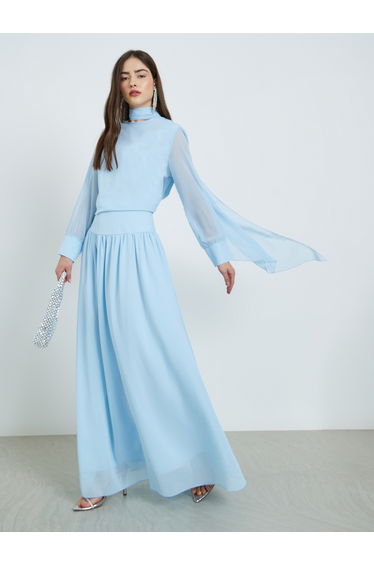 Blue Chiffon Tie-Detail Blouse and Skirt Co-Ords