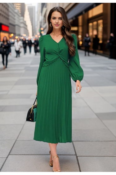 V-Neck Twisted Front Pleated Dress in Dark Green
