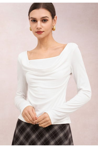 Draped Front Beaded Open-Back Top in White for Candlelit Dinners & Gallery Dates