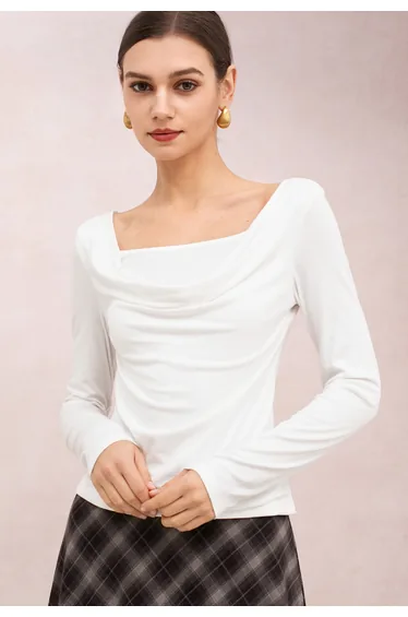 Draped Front Beaded Open-Back Top in White for Candlelit Dinners & Gallery Dates