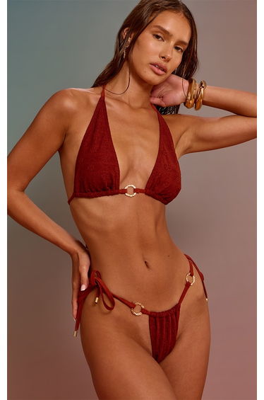 Rust Textured Floral O Ring Tie Side Bikini Bottoms