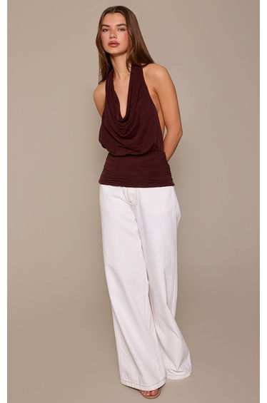Chocolate Stretch Chiffon Cowl Neck Asymmetric Long Top