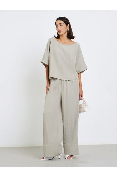 Beige Textured Blouse and Trousers Modest Set