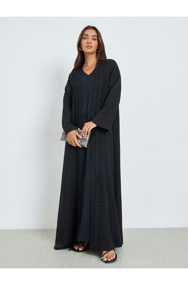 Black Front Open Abaya with Lace Trim