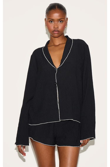 Black Textured Contrast Trim Oversized Shirt