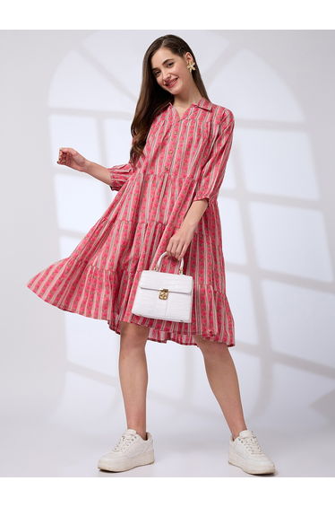 Pink Shirt Collar Printed Workwear Knee Length Dress