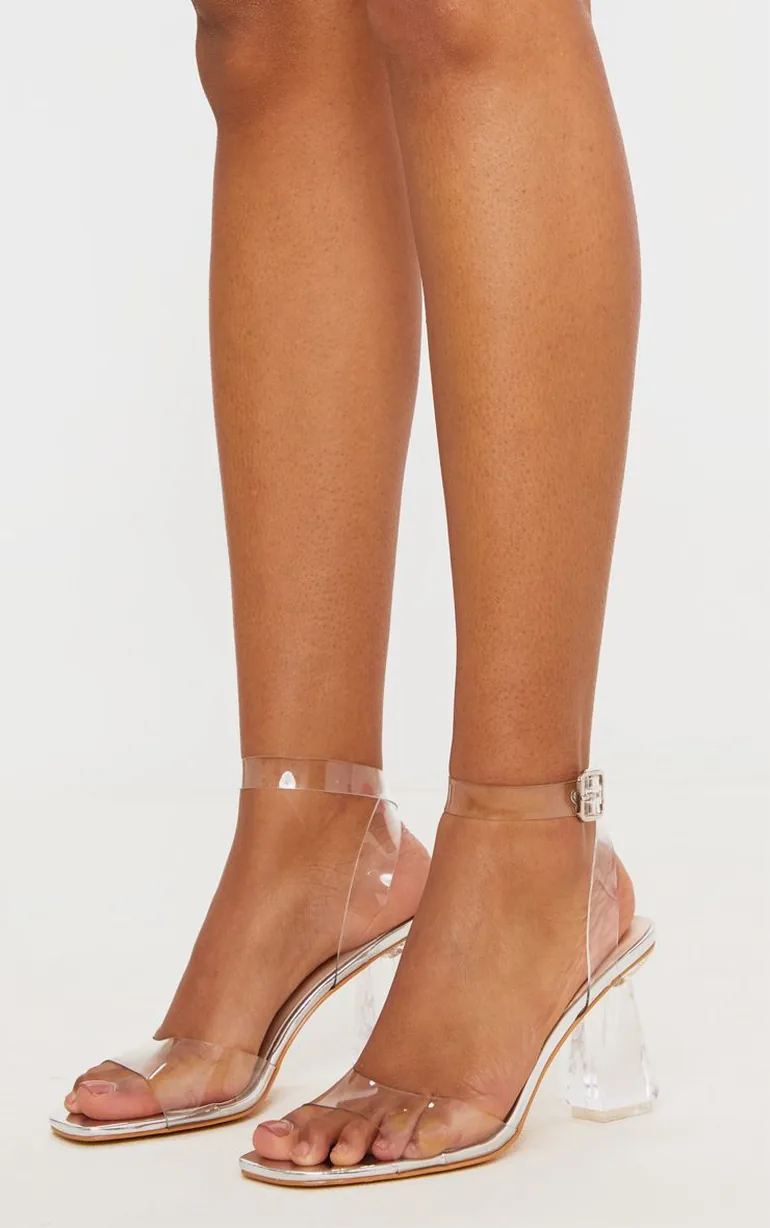 Silver Clear Ankle Strap Block Cone Heeled Sandals