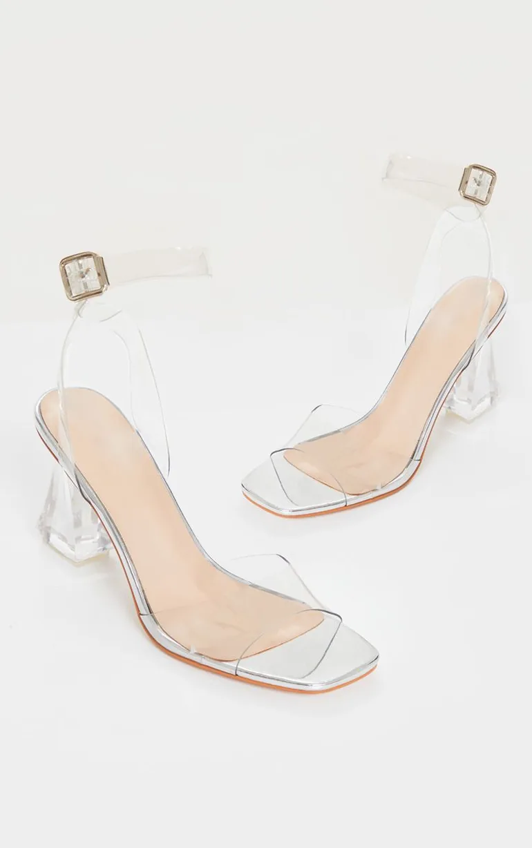 Silver Clear Ankle Strap Block Cone Heeled Sandals - 2