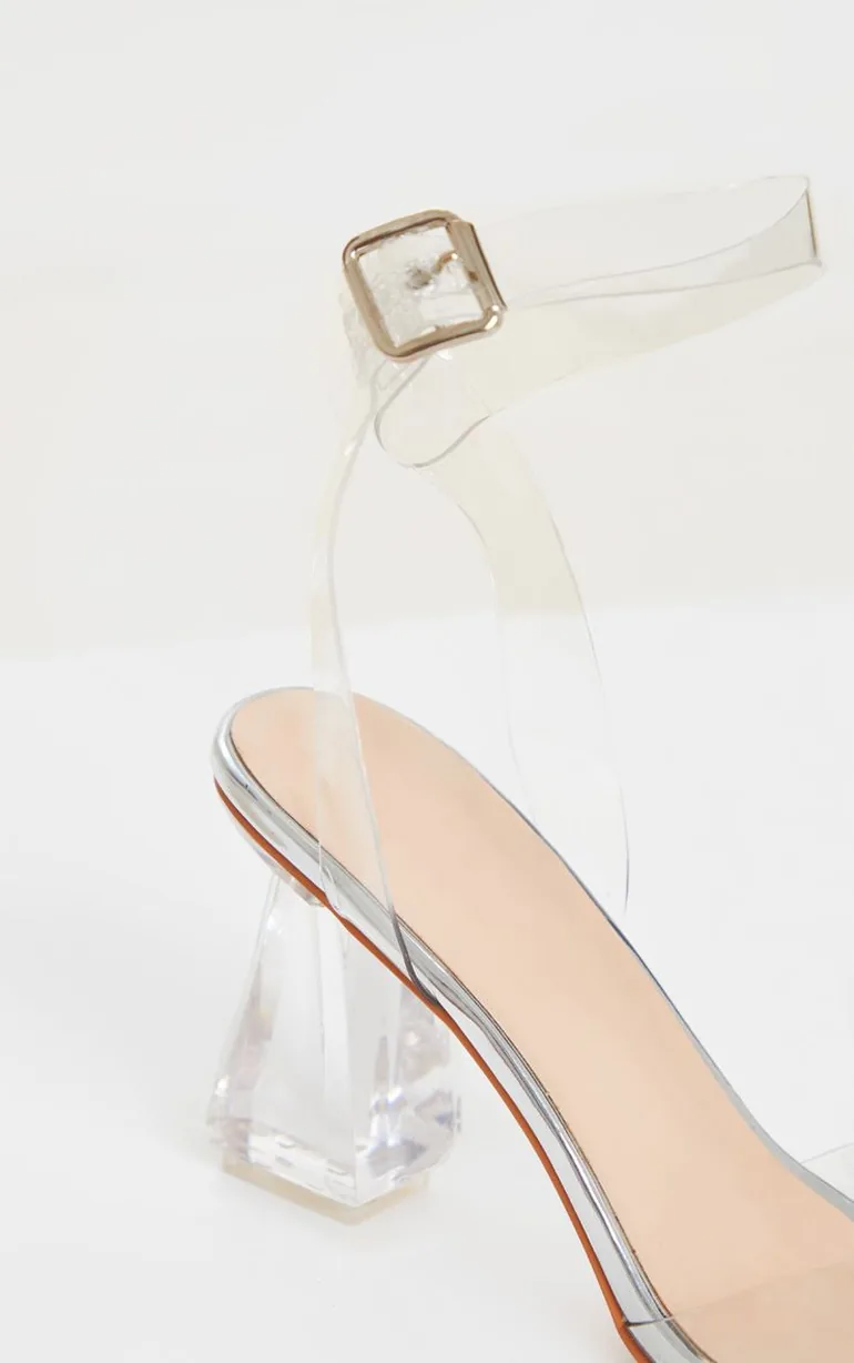 Silver Clear Ankle Strap Block Cone Heeled Sandals - 3