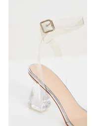 Silver Clear Ankle Strap Block Cone Heeled Sandals - 3