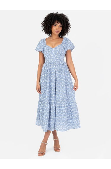 Lovedrobe Blue Short Puff Sleeve Midi Dress with Bow Detail