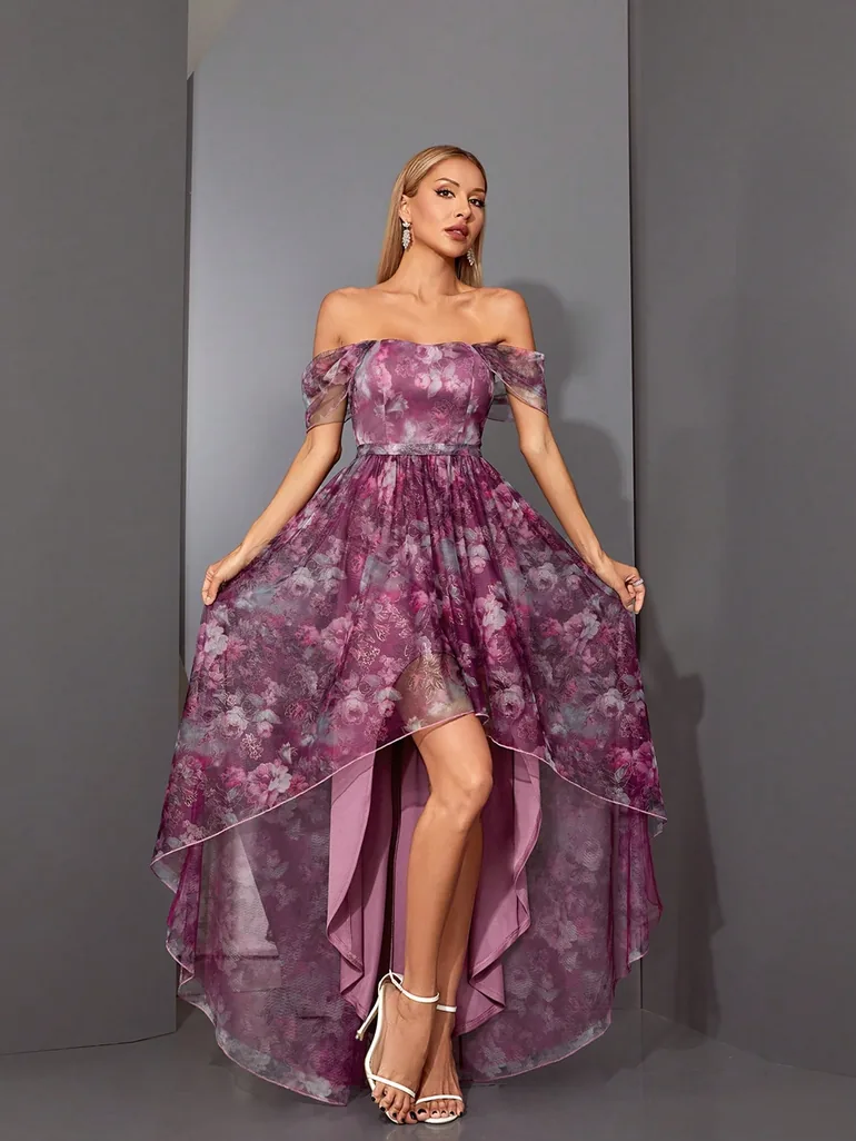 Leely Elegant Off The Shoulder Sleeveless Asymmetrical hem Party Dress - 2