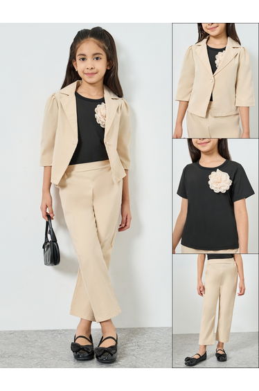 Girls Beige Blazer with Embellished T-Shirt and Pants Set