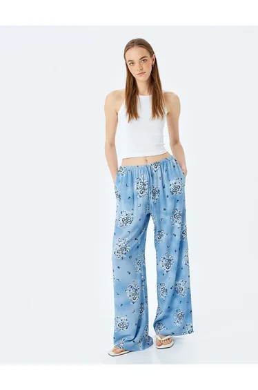 Relaxed Fit Wide Leg Viscose Trousers with Lace-Up Waist