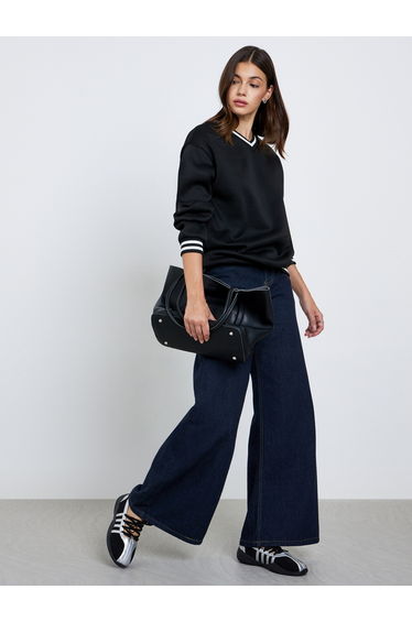 Black Striped V-Neck Sweatshirt