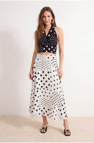 White-Multicolor Polka Dot Midi Flared Skirt