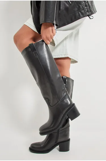 Faith: Cassie Faux Leather High Block Heel Knee High Gaucho Boots