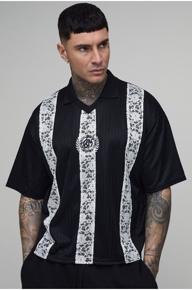 Tall Oversized Boxy Stripe with Lace Panel Football Top - black