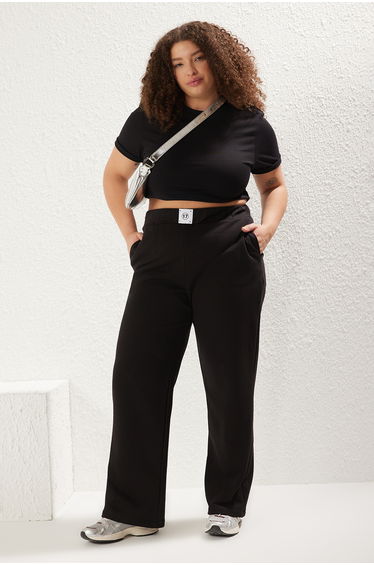 Black Wide Leg High Waist Label Detailed Knit Plus Size Sweatpants