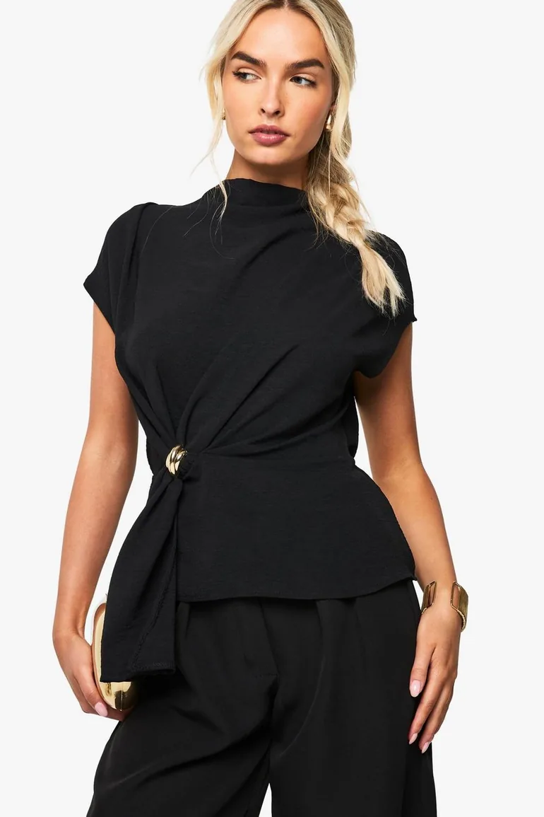 Hammered Gold Trim Cowl Neck Blouse - black