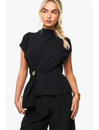 Hammered Gold Trim Cowl Neck Blouse - black