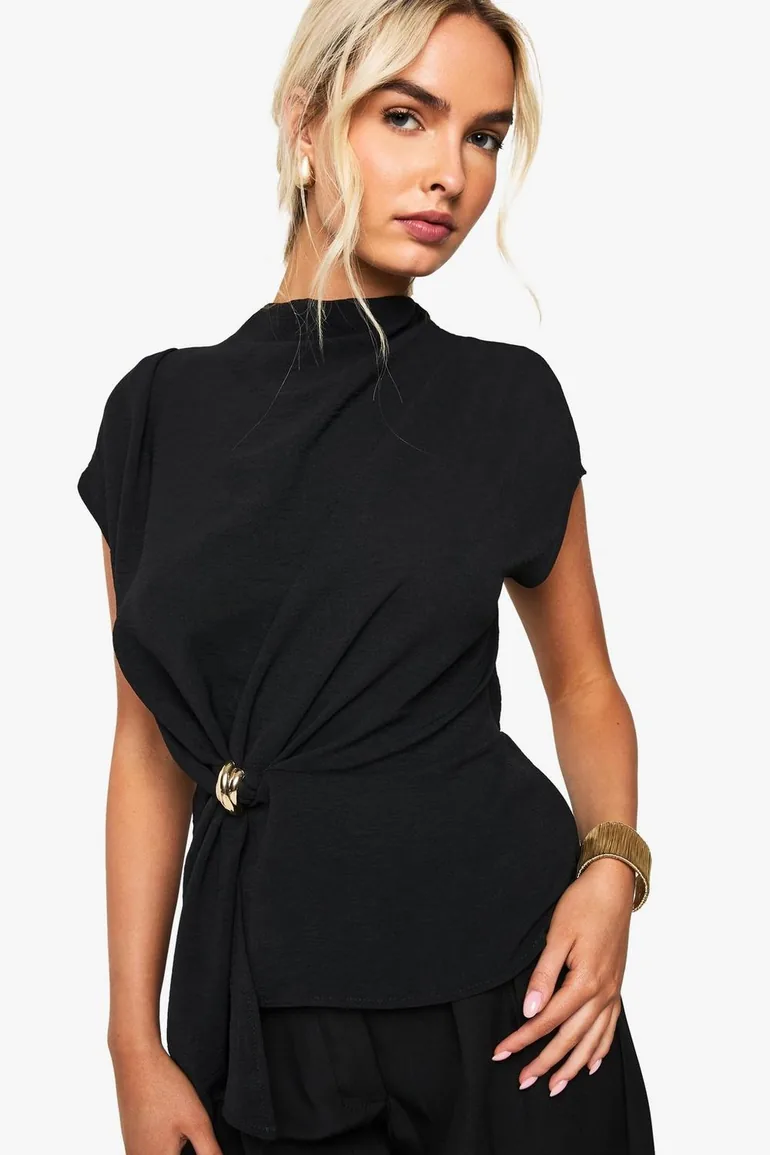 Hammered Gold Trim Cowl Neck Blouse - black - 1