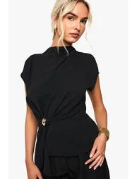 Hammered Gold Trim Cowl Neck Blouse - black - 1