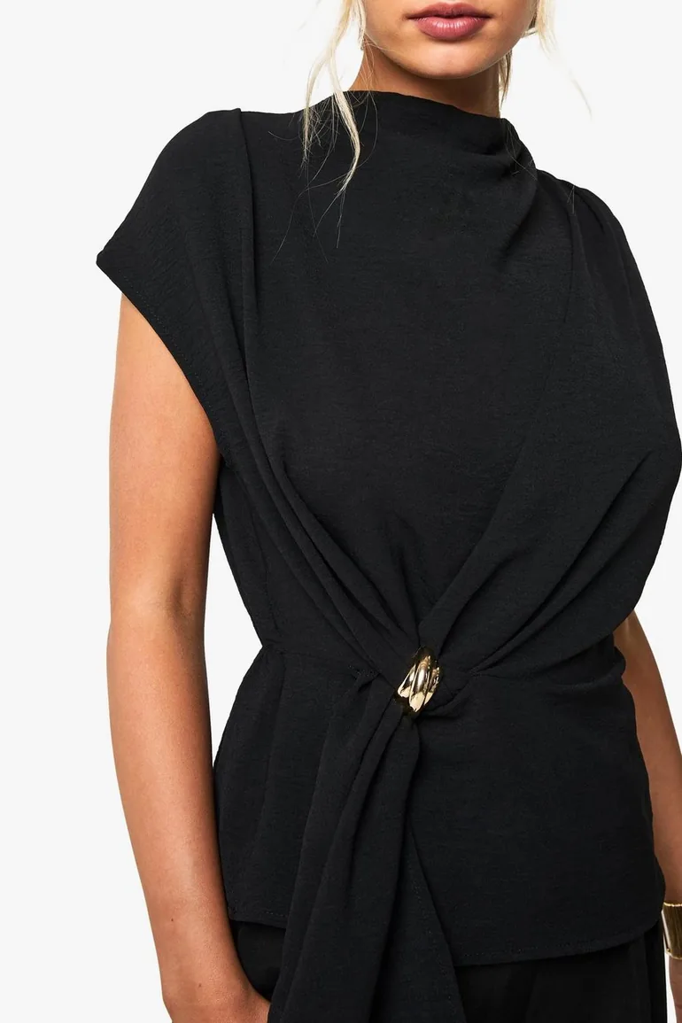 Hammered Gold Trim Cowl Neck Blouse - black - 3