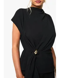 Hammered Gold Trim Cowl Neck Blouse - black - 3
