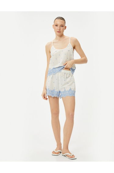 Pajama Bottoms Shorts Embroidered Cotton with Elastic Waist