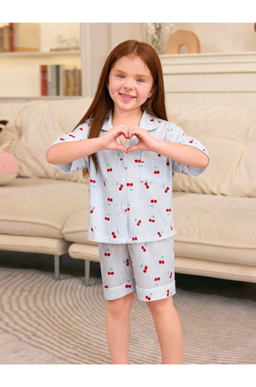 Girls Striped Cherry Print Shirt and Shorts Pyjama Set