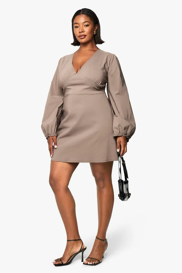 Womens Clothing Designer Shift Dress Plus Ruched Blouson Sleeve Shift Dress  Mocha Boohoo Beige