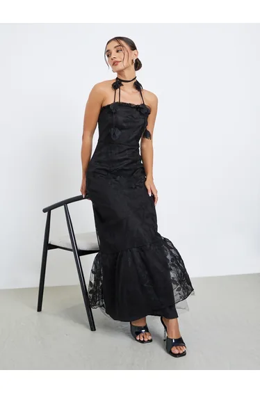 Black Lace Maxi Evening Dress