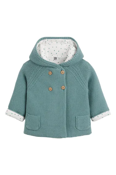 Chunky Knit Hooded Cardigan in Cotton with Jersey Lining