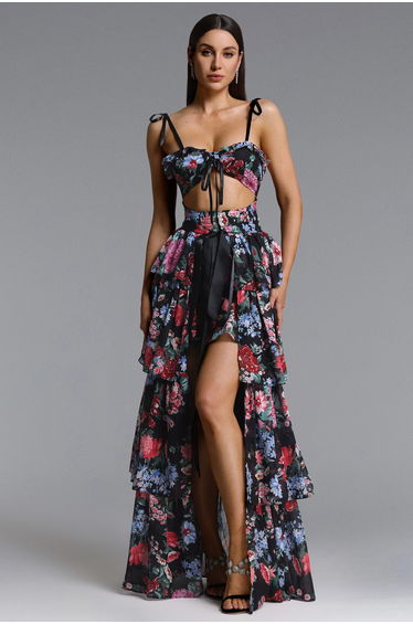 Pale Chic Flowy Halter Cut Out Floral Print Ruffle Maxi Dress