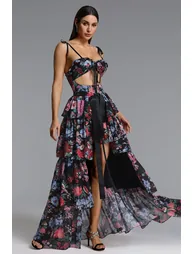 Pale Chic Flowy Halter Cut Out Floral Print Ruffle Maxi Dress - 2