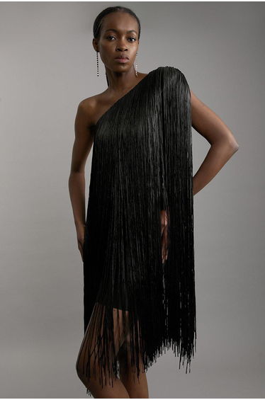 Figure Form Bandage One Shoulder Fringe Mini Knit Dress