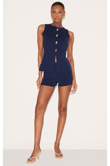 Navy Compact Knit Button through Waistcoat