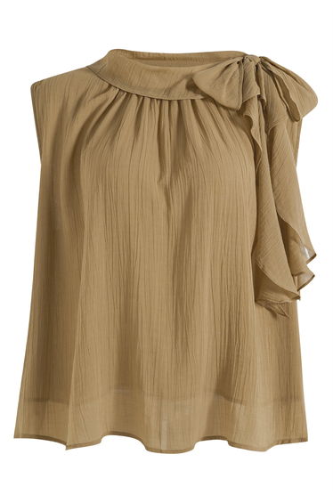 Button-Shoulder Tie-Bow Sleeveless Top in Khaki for Art Exhibitions & Afternoon Tea