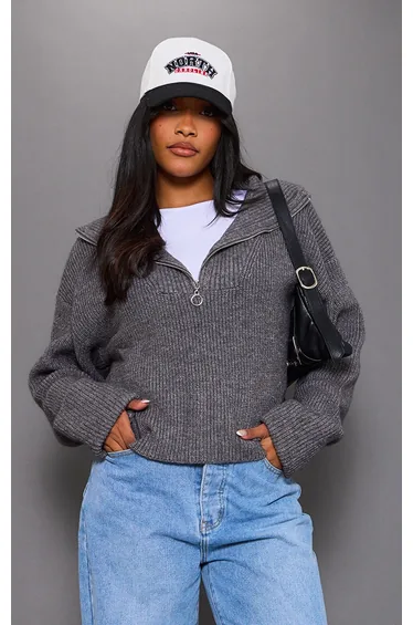 Charcoal Grey Marl Chunky Knit Half Zip Jumper