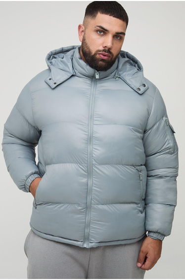 Plus High Shine Regular Fit Hooded Puffer in Grey - grey