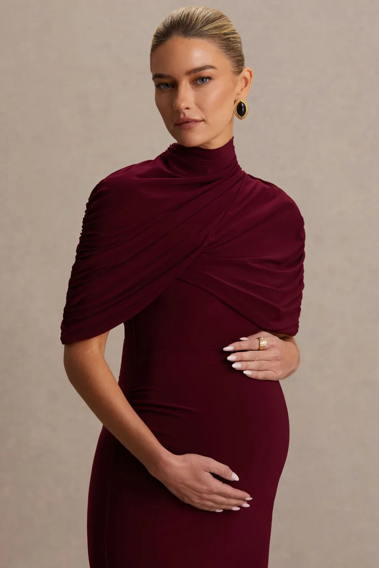 Augustina | Burgundy Maternity Midi Dress With Cape - 5
