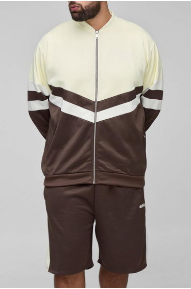 Plus Man Tricot Colour Block Funnel Neck Jacket & Oversized Short Set - brown