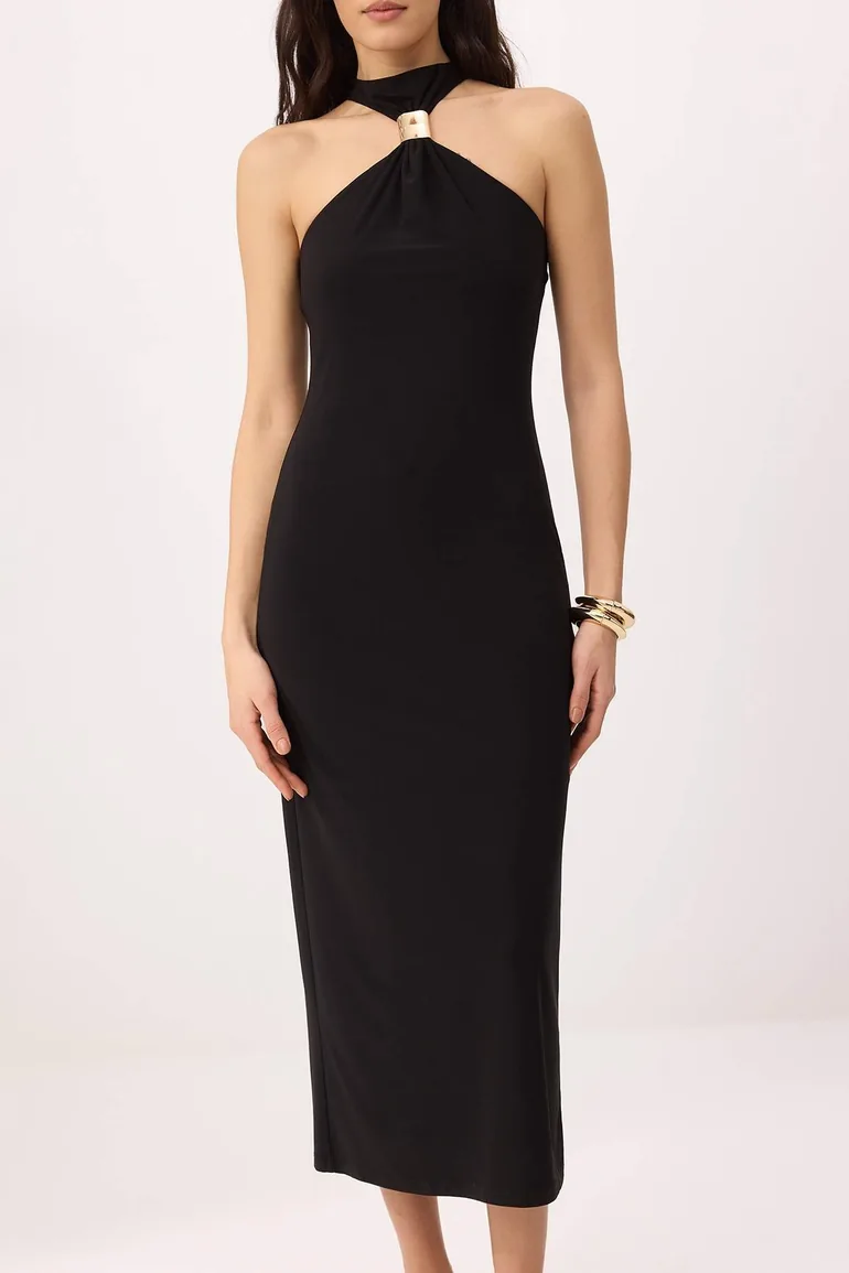 Black Bodycon Halter Neck Sleeveless Accessory Detailed Midi Stretchy Knitted Dress - 2