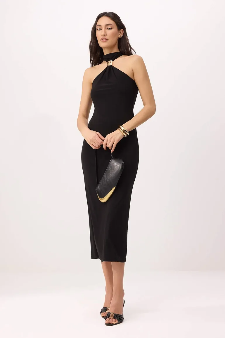 Black Bodycon Halter Neck Sleeveless Accessory Detailed Midi Stretchy Knitted Dress