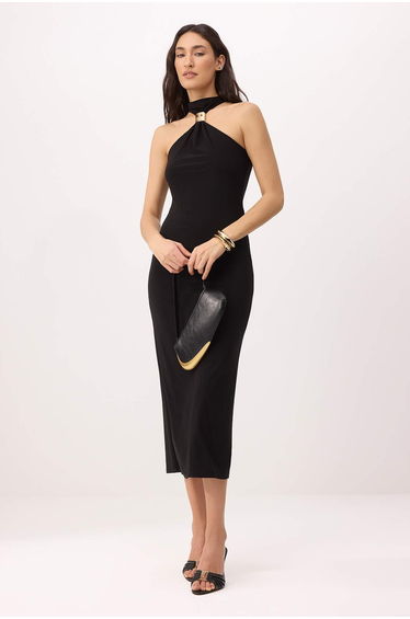Black Bodycon Halter Neck Sleeveless Accessory Detailed Midi Stretchy Knitted Dress