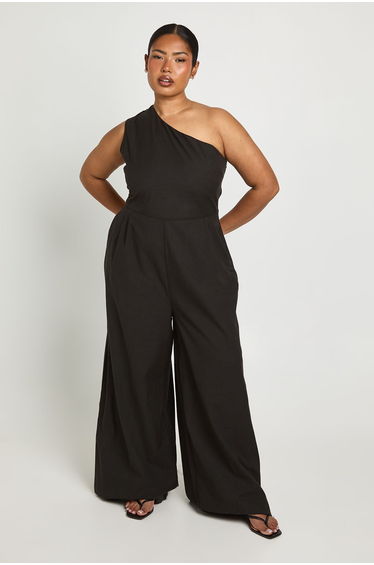 Plus Linen One Shoulder Jumpsuit - black